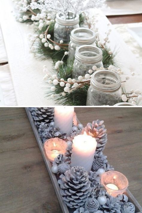 Use these simple Christmas table setting ideas for your dining room to create a DIY Christmas table setting! Like these DIY frosted pinecones for a snow-dusted Christmas table centerpiece idea. These Christmas table centerpieces will give you tons of inspiration for how to style your Christmas table this year! Easy Christmas Table Centerpieces, White And Silver Decor, Simple Christmas Table, Christmas Dining Table Decorations, Christmas Table Setting Ideas, Dining Table Decorations, Silver Chargers, Diy Christmas Table, Clear Glass Candle Holders