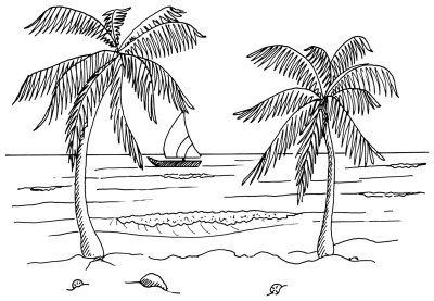 The sun shines and palm trees sway in the breeze in this tropical beach scene. Learning to draw this landscape can be as relaxing as being in it. Palm Tree Drawing, Beach Drawing, Landscape Sketch, Easy Art Projects, Landscape Art Painting, Landscape Drawings, Tree Drawing, Beach Landscape, Learn How To Draw