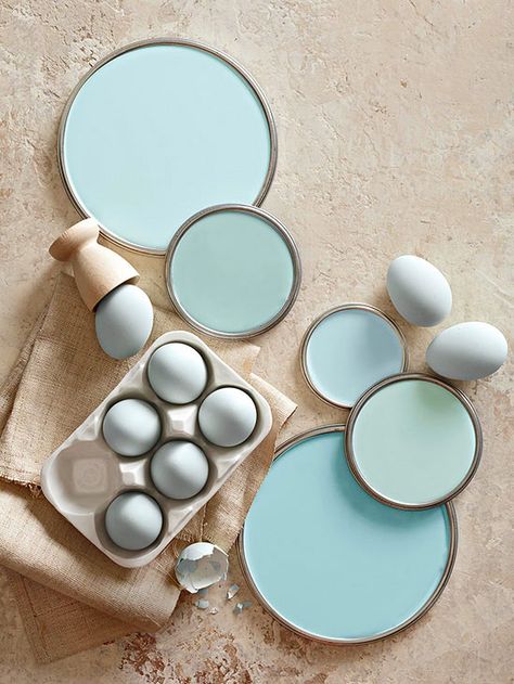 Invoke peaceful vibes in your nest with hues inspired by blue-tone eggs: http://www.bhg.com/decorating/color/blue-paint-colors/?socsrc=bhgpin031414eggshellbluepaintcolors&page=4 Eggshell Blue, Blue Paint Colors, Interior Paint Colors, Blue Rooms, Paint Palette, Blue Paint, Colour Schemes, Blue Tones, Room Colors