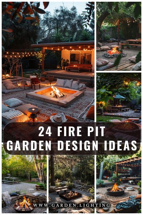 a collage of photos of a fire pit with a fire in it Outdoor Fire Pit With Lights, Fire Pit Oasis, Landscaping Fire Pit Ideas, Outdoor Fire Pits Ideas Backyards, Inground Fire Pit With Seating, Wood Fire Pit Ideas Backyard, Fire Pit Design Ideas, Fire Pit Sitting Area Ideas Diy, Outdoor Fire Pit Area Ideas