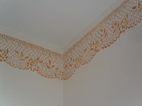 lace wall stencil | one of the guest bedrooms I stenciled lace around the top of the wall ...TRIM Ballet Room Ideas, Lace Wall Stencil, Oatmeal Fudge, Themed Room Ideas, Quick Cooking Oats, Ballet Room, Lace Wall, Delicious Oatmeal, Brick Floor