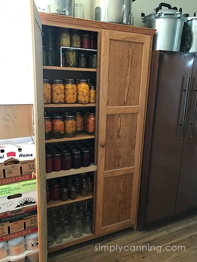 Canning Jar Cabinet, Canning Cabinet Storage Diy, Canning Storage Cabinets, Canning Cabinet, Larder Room, Canning Shelves, Big Pantry, Jar Organization, Food Room