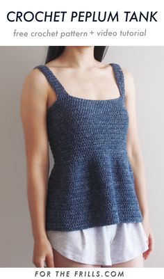 The Emilia Tank Top is a breezy, summer peplum top that has a square neckline and thick straps. This quick and easy crochet project has fitted bodice and flared hem so that its comfy and flattering at the same time! #crochetcroptop #crochettoppattern #crochettank #crochettop #crochetpattern #crochettanktop #summercrochet #crochetsinglet #crochetpeplum #summerproject #freecrochetpattern #crochettutorial #crochetvideotutorial #freecrochet #crafts #howto #diy #forthefrills Easy Crochet Tank Top, Crochet Tanktops, Peplum Top Pattern, Crochet Peplum, Peplum Top Outfits, Crochet Tank Tops, Peplum Tank Top, Crochet Ladies Tops, Crochet Tops Free Patterns