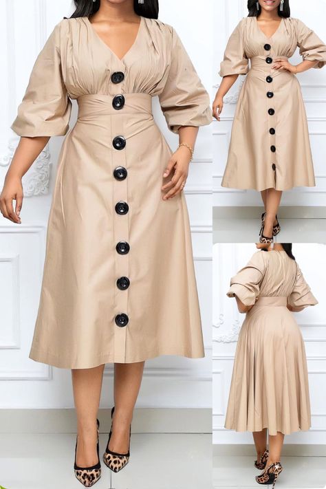 This light camel V-neck dress featuring a beautiful umbrella hem, delicate buttons, and ruched details will add an elegant touch to any wardrobe. Perfect for the office or a special occasion, this midi length dress with a half sleeve and regular sleeve style is a timeless piece that will never go out of style. #vneckdress #timelessstyle #rucheddetails #umbrellahem #buttoneddress #flatteringfit #wearatowork #partyready #vintageinspired #autumnstyle #lightcamel Beautiful Umbrella, Church Dresses For Women, Classy Short Dresses, African Fabric Dress, African Print Skirt, Ankara Designs, 60s And 70s Fashion, Classy Dress Outfits, Ladies Gown