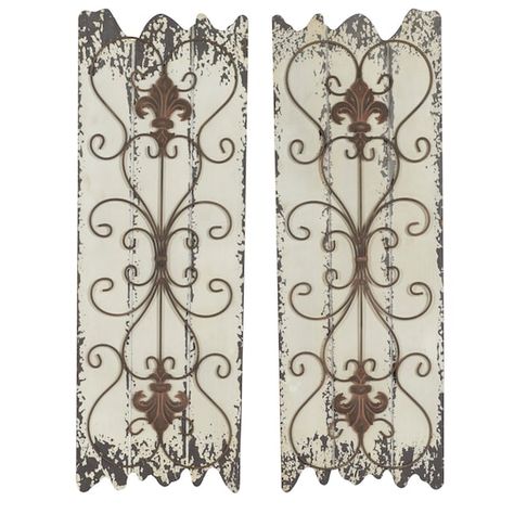 "Buy this 32\" White Rustic Wood Wall Décor, 2ct. at Michaels. com. Whether your home displays a traditional, rustic, or French country style, this 2-piece fleur-de-lis wall décor set will add romantic elegance to any empty interior background. Whether your home displays a traditional, rustic, or French country style, this 2-piece fleur-de-lis wall décor set will add romantic elegance to any empty interior background. Irregularly cut rectangular wood plaques with a distressed finish put the spot Rustic Wood Wall Decor, Metal Wall Panel, Interior Background, Decorative Wall Plaques, Traditional Rustic, Wood Rustic, Rustic Theme, Wood Panel Walls, Rustic Wall