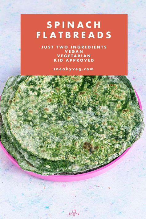 A great way to eat one of your five a day, these easy spinach wraps are made with just two ingredients. These vibrant green breads can be used as wraps, rotis, flatbreads or tortillas. Suitable for vegans. #spinachflatbreads #veganflatbread #greenflatbreads #spinachwraps #spinachroti Flat Bread Wraps, Spinach Flatbread, Hidden Vegetable Recipes, Vegetarian Lunchbox, Easy Flatbread Recipes, Vegan Breads, Healthy Halloween Food, How To Make Spinach, Vegetarian Kids