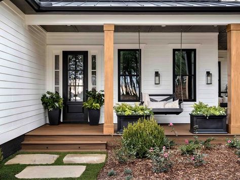 Indoor and Outdoor Living Hgtv Smart Home 2022, Front Yard Porch, Porch Wood, Exterior Houses, House Front Porch, Porch Entry, White Exterior, Casa Exterior, Exterior Ideas