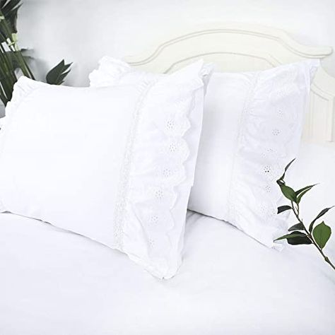 Eyelet Pillow Shams Ruffled King Bright White Shabby Chic Lace Set of 2 Double Layered Ruffle Farmhouse Pillowcases Country French Cottage Embroidered Floral Victorian Pretty Elegant Trim 20x36 Country French Cottage, Victorian Crochet, Best Silk Pillowcase, Elegant Pillow, Shabby Chic Pillows, Tassel Pillow, Ruffle Pillow, Quilted Pillow Shams, Chic Pillows