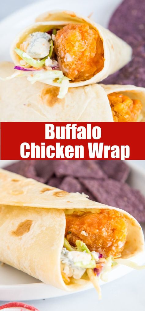 Crispy Buffalo Chicken Wrap - Crispy chicken strips tossed with buffalo sauce and wrapped up with a creamy ranch coleslaw and blue cheese crumbles. A great lunch or easy dinner for the whole family! Blue Cheese Buffalo Chicken Roll Ups, Ranch Coleslaw, Crispy Chicken Strips, Buffalo Chicken Wrap, Blue Cheese Crumbles, Wraps Recipes, Buffalo Chicken Wraps, Appetizer Sandwiches, Creamy Ranch