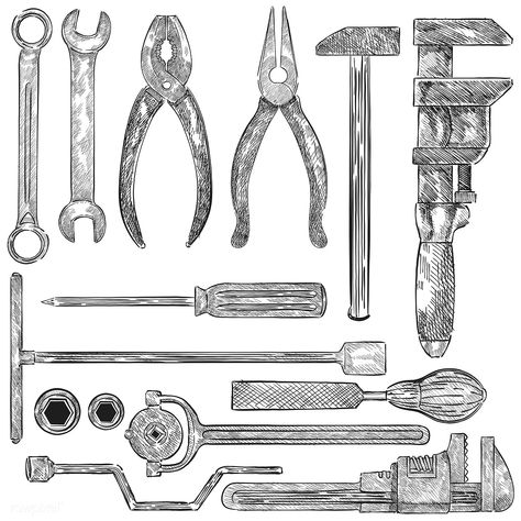 Illustration of a set of mechanic tools | free image by rawpixel.com Engineering Doodles, Mechanics Drawing, Vintage Mechanics, Tool Tattoo, Engineering Tools, Mechanical Art, Object Drawing, Free Vector Illustration, Mechanic Tools