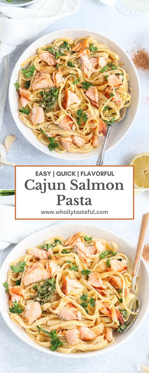 The Creamy Cajun Salmon Pasta recipe combines flaky salmon with fettuccine in a rich and creamy Cajun sauce. This dish features butter, garlic, and shallots, enhanced by white wine, homemade Cajun seasoning, heavy cream, and fresh greens. This is a great healthy salmon pasta dinner idea. Creamy Cajun Salmon, Cajun Salmon Pasta, High Protein Pasta Recipes, Creamy Cajun Sauce, Salmon With Cream Sauce, Salmon Pasta Recipe, Protein Pasta Recipes, Clean Eating Pasta, Salmon Pasta Recipes