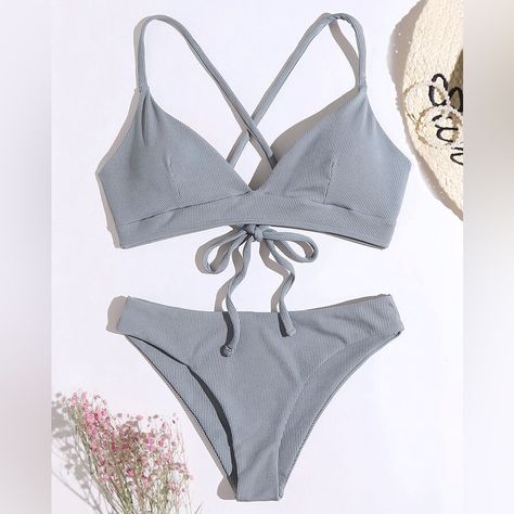 Romwe Light Gray Criss Cross Bikini Swimsuit. Size Small In Womens. Never Worn But Has Been Washed Once. In Great Condition. Ribbed Material. The Inserts For The Top Padding Is Not Included. Bottoms Have No Straps And The Top Has Tie Straps For Around Back. 82% Polyester And 18% Spandex. Grey Bathing Suit, Grey Swimsuit, Summer Beach Vacation, Criss Cross, Summer Beach, Womens Swim, String Bikinis, Light Grey, Swimming