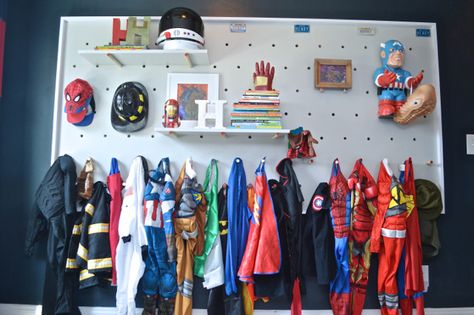 Make your own DIY pegboard wall for storage. Use your wall space for loads of extra storage. Great idea for kids rooms and playrooms. Check out the full project tutorial ... Diy Pegboard Wall, Costume Storage, Home Depot Gift Card, Diy Pegboard, Pegboard Wall, Dress Up Storage, Pegboard Storage, Boys Playroom, Toy Rooms