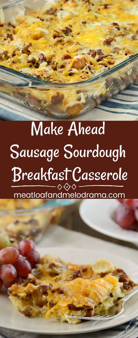 Make Ahead Sausage Sourdough Breakfast Casserole - An easy overnight breakfast bake with sausage, cheese and eggs that's perfect for holiday breakfast or brunch. Make it for Thanksgiving, Christmas, Easter, potlucks or whenever you need to feed a crowd! from Meatloaf and Melodrama #makeaheadbreakfast #holidaybreakfastrecipe Overnight Breakfast Bake, Easy Overnight Breakfast, Sourdough Breakfast, Make Ahead Breakfast Casserole, Thanksgiving Brunch, Thanksgiving Breakfast, Overnight Breakfast Casserole, Overnight Breakfast, Brunch Casserole