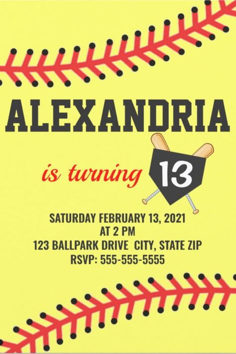 Softball Birthday Invitations, Softball Themed Birthday Party, Softball Birthday Party, Softball Birthday Parties, Softball Birthday, Kids Softball, Softball Party, Sports Birthday Invitations, Party Theme Ideas