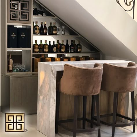 Bar Next To Stairs, Mini Bar Ideas Under The Stairs, Basement Stair Well Wall Ideas, Basement Bar Under Stairs, Under The Stairs Bar Ideas, Art Deco Basement Bar, Bar Under Stairs Ideas, Bar Under Staircase, Under Stairs Bar Ideas