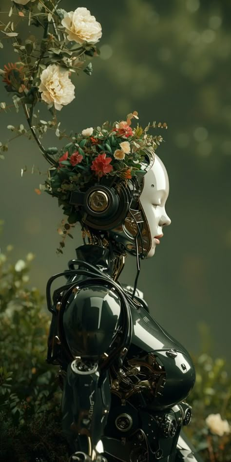 robot girl, futurist, cyberpunk, flowers Eco Futurism Fashion, Solarpunk Robot, Cyberpunk Nature, Nature Robot, Robots Aesthetic, Cyberpunk Flower, Robot Portrait, Robot Flower, Futuristic Nature