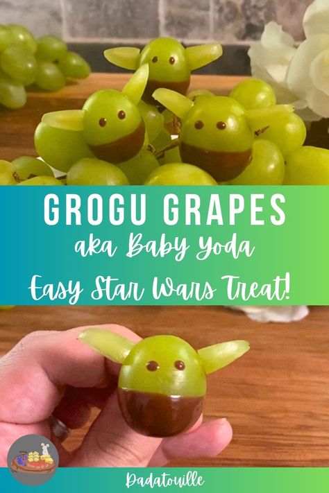 Yoda Fruit Bowl, Star Wars Snacks For Kids, Yoda Grapes, Grogu Party Food, Yoda Party Food, Grogu Food, Baby Yoda Baby Shower Ideas, Space Desserts, Star Wars Food Ideas