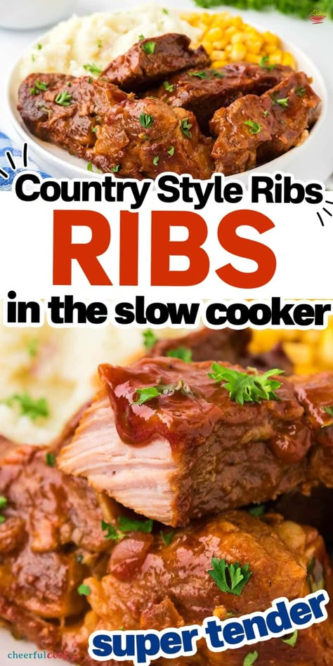 Set it and forget it with these delectable Slow Cooker Country Style Ribs. Perfect for any occasion, these ribs will become a fast family favorite. #CheerfulCook #ComfortFood #PorkRibs #countrystyleribs #SlowCooking #crockpot #bonelessribs ♡ cheerfulcook.com Crock Pot Pork Ribs Boneless, Boneless Country Style Pork Ribs Pressure Cooker, Best Country Style Pork Ribs, Slow Cook Ribs Crockpot, Boneless Spare Ribs In The Crock Pot, Crock Pot Boneless Ribs, Bone In Country Style Pork Ribs, Crockpot Boneless Pork Ribs, Country Style Pork Rib Recipes