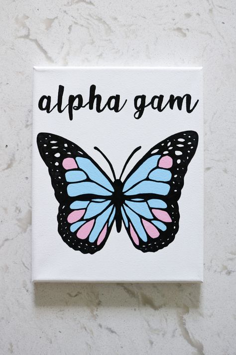 Sorority Canvas Butterfly, Alpha Gamma Delta Canvas, Big Little Canvas Sorority, Sorority Crafts Canvases, Axo Canvas, Sorority Canvas Art, Big Little Paintings, Sorority Canvas Paintings, Sorority Canvases