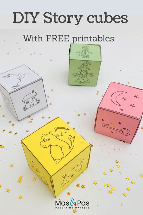 How to make your very own story cubes with our FREE printables. Story cubes are a great way to spark your child’s imagination and encourage their creativity. Each time your child rolls the cubes they will get different characters, settings and objects that they have to include in their story. The combination of pictures will instantly prompt ideas for magical and exciting stories that they can tell. We’ve created four different story cubes for you to download and print out so you can enjoy makin Story Telling Activities, Cube Template, Story Cubes, Build A Story, Times Tables, Easy Arts And Crafts, Educational Activities For Kids, Literacy Activities, Business For Kids