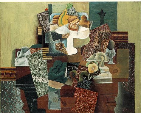 Still-life with Fruit-dish on a Table (1914-15) Picasso Still Life, Synthetic Cubism, Art Picasso, Pablo Picasso Paintings, Cubism Art, Picasso Paintings, Picasso Art, Collage Artwork, Georges Braque