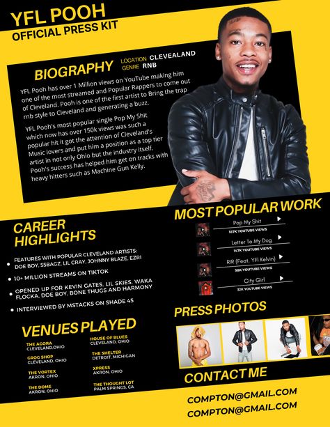 This 1-page electronic press kit template for bands, singers, and musicians is the perfect way to professionally introduce yourself to venues, festivals, press, and promotors ready to land the gig of your dreams!  The media kit template for music artists includes an artist's bio, links to your music, photos, a summary of your past performances, and your contact details. You can input all of your own information, including your own photos,this electronic press kit for musicians template. Epk Press Kit Music Template, Epk Press Kit Music, Music Press Kit, Dj Profile, Press Kit Design, Visual Moodboard, Press Kit Template, Electronic Press Kit, Press Kits