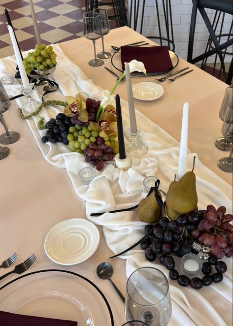 #tablescape #fruit #wedding #floral Food Flower Arrangements, Fruit Table Centerpieces, Fruit Tablescape Wedding, Pomegranate Tablescape, Grape Wedding Theme, Fruit Centerpieces Wedding, Fruit Tablescape, Citrus Tablescape, Farm To Table Dinner Party