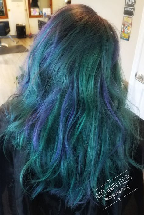 Mermaid hair Blue Hair Green Highlights, Blue Hair With Green Highlights, Blue And Green Hair Highlights, Dark Green Blue Hair, Blue And Green Dyed Hair, Purple Green Blue Hair, Blueish Green Hair, Dark Blue And Green Hair, Swamp Hair