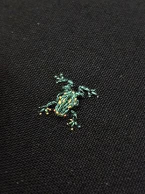 Crazy Embroidery, Embroidery On Corduroy, Silly Embroidery, Hem Embroidery, Centipede Embroidery, Frog Embroidery, Frog Hand Embroidery, Small Dinosaur Embroidery, Embroidered Frog Simple