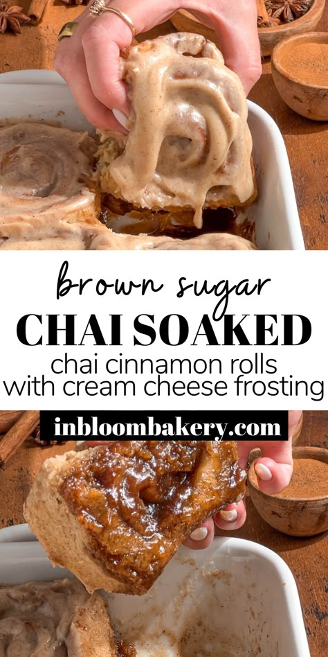 These gooey chai cinnamon rolls are soft and fluffy, filled with delicious brown sugar chai filling, frosted with chai cream cheese frosting, all while drenched in a truly decadent and sticky brown sugar chai caramel sauce on the bottom. An absolutely incredible, indulgent treat to bake this fall! Cinnamon Roll Thanksgiving, Baking Recipes For Rainy Days, Dessert With Yeast, Cozy Baked Goods, Cinnamon Rolls With Maple Frosting, Chai Spiced Desserts, Variations Of Cinnamon Rolls, Fast Homemade Cinnamon Rolls, Chai Desserts Healthy