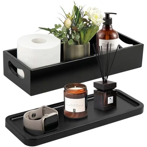 LotFancy Bathroom Decor Box and Vanity Tray, Set of 2, Wooden Toilet Tank Basket Topper, Bathroom Tray for Counter, Black Farmhouse Bathroom Decor Black Farmhouse Bathroom, Toilet Tank Basket, Makeup Desks, Bamboo Vanity, Bathroom Box, Wooden Toilet, Wood Toilet, Spa Kitchen, Bathroom Vanity Tray