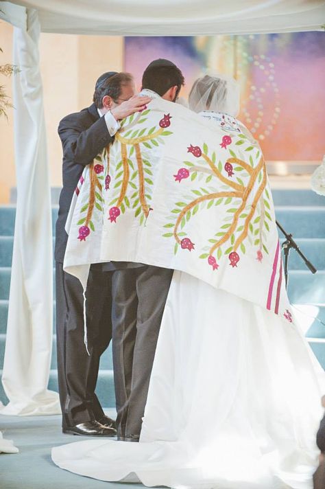 jewish wedding, tallit, prayer shawl, tree of life, pomegranate, emmanuel tallit, under the chuppah Jewish And Christian Wedding, Jewish Wedding Ideas Chuppah, Jewish Wedding Tallit, Chuppah With Tallit, Wedding Supper, Wedding Kippah, Jewish Wedding Traditions, Jewish Marriage, Wedding Chuppah