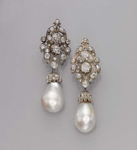 A pair of antique diamond and natural saltwater pearl earrings. Each suspending a detachable drop-shaped natural pearl from an old-cut diamond surmount, surmounts circa 1880. Bijoux Art Nouveau, Tiaras Jewellery, Pearl Jewels, Large Image, Classy Jewelry, Natural Pearl, Antique Diamond, Victorian Jewelry, Top Drawer