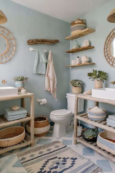 A coastal-inspired boho bathroom with light blue walls, driftwood accents, and nautical elements, capturing a relaxed beachy boho style. Boho Blue Bathroom, Boho Bathroom Blue, Diy Boho Bathroom, Boho Themed Bathroom, Coastal Boho Bathroom, Coastal Chic Bathroom, Bohemian Bathroom Ideas, Double Sink Bathroom Ideas, Boho Chic House