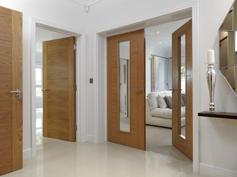 JB Kind's River Oak Isis and Emral modern style doors. Beautiful oak flush veneers with grooved panel design. #interiordesign Standard Doors, Internal Oak Doors, Oak Interior Doors, Exterior Entry Doors, Internal Wooden Doors, Internal Glass Doors, Custom Wood Doors, Internal Door, Wooden Door Design