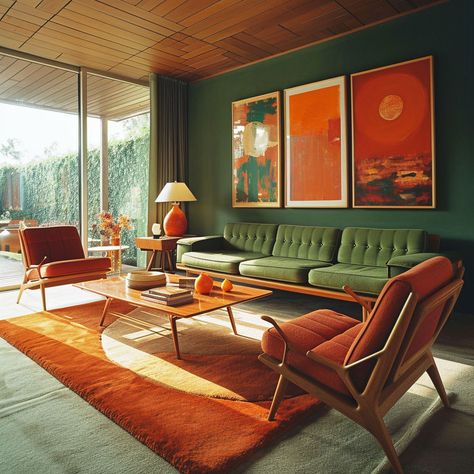 A classic 70s living room complete with earth-tone color scheme and shag carpet Contemporary 70s Interior Design, Sunroom Lounge, Mid Mod Living Room, 70s Inspired Living Room, 70s Living Room Decor, 70s Living Room, 70s Interior Design, Design Therapy, Oregon House