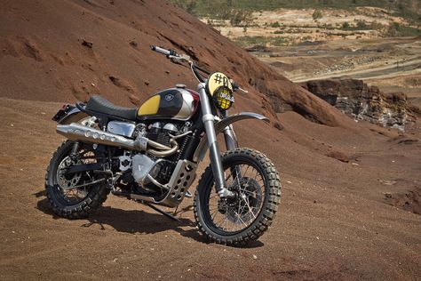 Modern day desert sleds: Ton Up Garage recreates the original Bonneville scrambler vibe. Triumph Bonneville Scrambler, Desert Sled, Tracker Motorcycle, Triumph Bikes, Bobber Custom, Triumph Thruxton, Moto Cafe, Bike Exif, Custom Cafe Racer