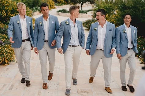 Grooms Suit Beach Wedding, Groomsmen Attire 2023, Men Suit Beach Wedding, Summer Beach Wedding Groomsmen, Groomsmen No Tie With Jacket, Mens Suits Wedding Blue, Wedding Suits Men Beach, Beach Men Wedding Attire, Blue And Tan Suit Wedding