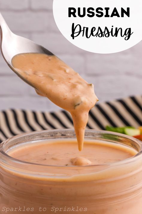 This Russian Dressing Recipe is a staple in our home as it combines mayonnaise, ketchup-style chili sauce, relish, and lemon juice, with a little bit of sugar and salt. It is the perfect dressing to enjoy on your salads, burgers, sandwiches, and more! Russian Dressing Recipe, Mayo Salad Dressing, Russian Salad Dressing, Homemade Russian Dressing, Russian Dressing, Condiment Recipes, No Salt Recipes, Burgers Sandwiches, Russian Recipes