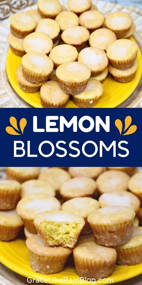 Paula Deen's Lemon Blossoms: Glazed Mini Lemon Cakes - Grace Like Rain Blog Chocolate Peanut Butter Earthquake Cake, Peanut Butter Earthquake Cake, Mini Lemon Cakes, Mini Muffin Recipes, Blossom Cupcakes, Stovetop Appetizers, Golf Cookies, Peanut Butter Kiss Cookies, What To Bake