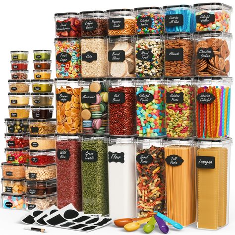 PRICES MAY VARY. Biggest Pantry Organizer Set: Get everything you need with our biggest and largest ever Variety Bundle! You'll receive 48 BPA-free premium containers for food, a measuring spoon set, 57 reusable chalkboard labels chalkboard Marker. Keep your pantry organized effortlessly. Highest Total Storing Capacity: Unlike rest of the sets out there, our bundle offers more storing capacity of 80 Liters. It includes 6 extra-large containers (2.8 liters), 6 large containers (2.0 liters), 6 med Pantry Organizer, Sugar Storage, Dry Food Storage, Chalkboard Labels, Food Storage Container Set, Airtight Food Storage, Airtight Food Storage Containers, Kitchen Storage Containers, Kitchen Canisters