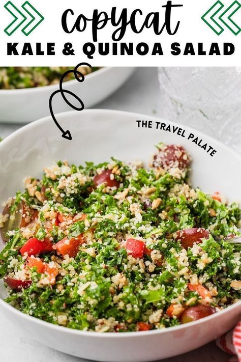 This Cheesecake Factory copycat kale quinoa salad recipe from The Travel Palate is loaded with sunflower seeds and red seedless grapes. The tasty salad is drizzled in a lemon dressing that's out of this world! It is easy to make and perfect as a side dish for a weeknight dinner or your holiday table. Eating healthy has never tasted so delicious! Quinoa Kale Salad Recipes, Salad Copycat, Cheesecake Factory Copycat, Kale And Quinoa, Mediterranean Salad Recipe, Kale Quinoa, Quinoa Salad Recipe, Kale Quinoa Salad, The Cheesecake Factory