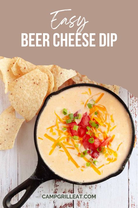 A cast iron skillet filled with beer cheese and tortilla chips on the side. Cast Iron Dip Recipes, Skillet Beer Cheese Dip, Skillet Beer Cheese, Homemade Beer Cheese, German Beer Cheese Dip, Easy Beer Cheese Dip, Easy Beer Cheese, Skillet Dip, Beer Cheese Recipe