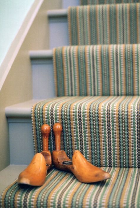 Tim Page Carpets stripe flatweave stair runner Stair Runner Painted Stairs, Striped Stair Carpet Runner, Mid Century Stair Runner, Stair And Hallway Runner, Painted Stairs With Carpet Runner, Colorful Stair Runner, Striped Stair Carpet, Italian Hallway, Cottage Carpet