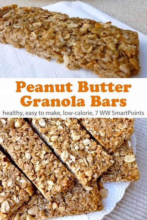 Packed with real oats, honey, chopped peanuts, and peanut butter, these Crunchy Peanut Butter Granola Bars are like Nature Valley peanut butter crunchy granola bars, only better - just 170 calories and 7 Weight Watchers Freestyle SmartPoints! #simplenourishedliving #weightwatchers #wwfamily #wwsisterhood #ww #easyhealthyrecipes #smartpoints #wwfreestyle #wwsmartpoints #becauseitworks #beyondthescale Low Calorie Granola Bars, Low Cal Vegan, Peanut Butter Granola Bar Recipe, Low Calorie Granola, Low Calorie Peanut Butter, Chocolate Peanut Butter Granola, Crunchy Granola Bars, Granola Calories, Peanut Butter Granola Bars