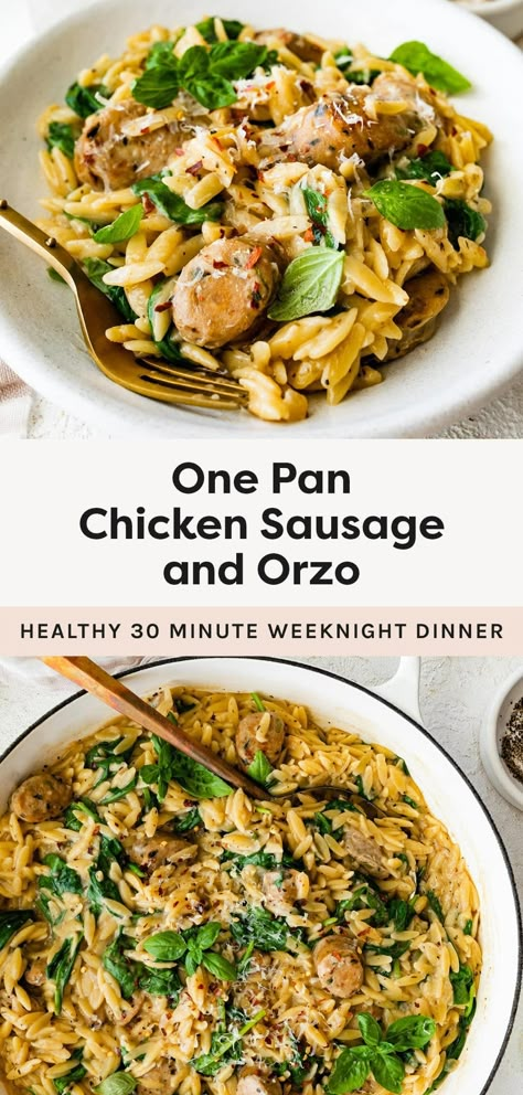 This one pan chicken sausage and orzo meal cooks up in under 30 minutes for a quick and easy weeknight dinner. It's flavorful, comforting and so easy to make! Chicken Sausage Couscous Recipes, Healthy Chicken Sausage Recipes, Chicken Sausage Recipes Healthy, Sausage And Orzo, Chicken Sausage Recipes Pasta, Orzo Dinner Recipes, Orzo Dinner, Healthy Sausage Recipes, Orzo Pasta Recipes