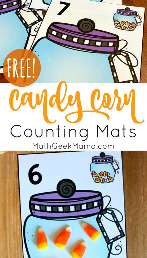 {FREE} Candy Corn Counting: Printable Math Mats Candy Corn Counting, October Math, Fall Math Activities, Counting Mats, Halloween Centers, Math Mats, October Activities, Math Geek, Fall Math