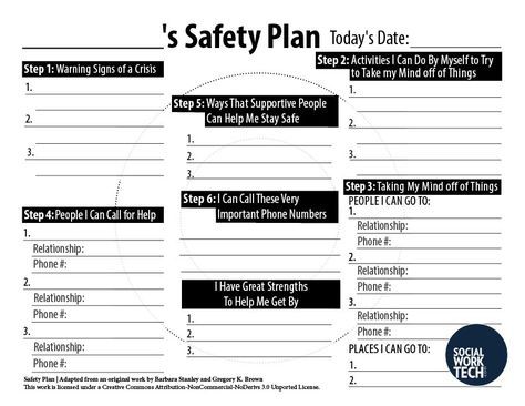 A picture of the English version of the safety Plan. See PDF for readable version Safety Planning, Social Work Activities, Safety Plan, Planning Worksheet, School Social Worker, Clinical Social Work, School Social Work, Mental Health Counseling, Therapeutic Activities