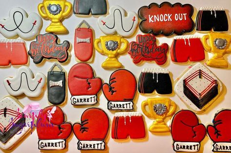 Simply Sugarplum Sugar Art on Instagram: “✨Boxing theme for a boxing enthusiast (and the signed Mike Tyson glove was amaaazing)! Happy birthday Garrett!✨ • • •…” Boxing Glove Cookies, Boxing Cookies Decorated, Rocky Theme Birthday Party, Rocky Balboa Birthday Party, Boxing Party Theme, Boxing First Birthday Party Themes, Round 1 Boxing Birthday Party, Boxing Birthday Theme, Ufc Birthday Party Ideas